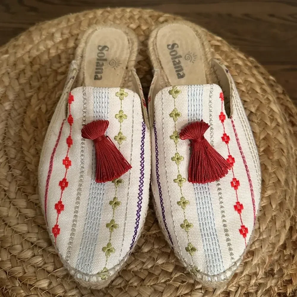 Solana Artisanal Espadrille Mule Slides Tassel Embroidered Made in Spain Size 9
